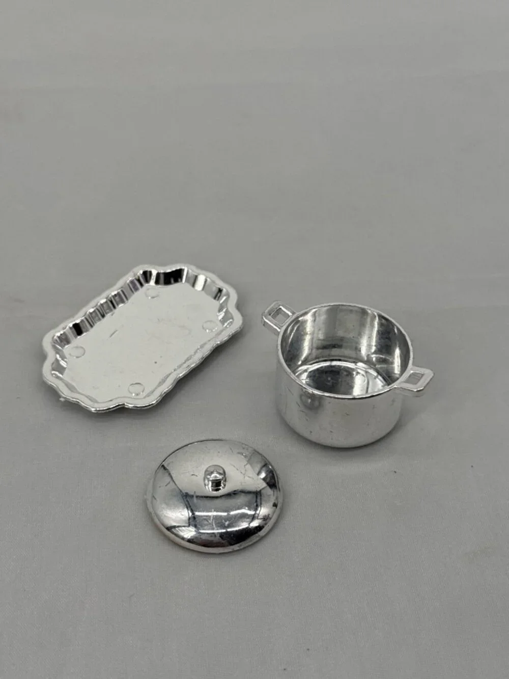 Silver Miniature Dollhouse Kitchen Pot & Tray Set Coquette Retro Decor